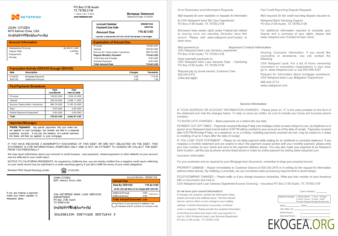 Relevé d'hypothèque bancaire USA Netspend aux formats Word et PDF